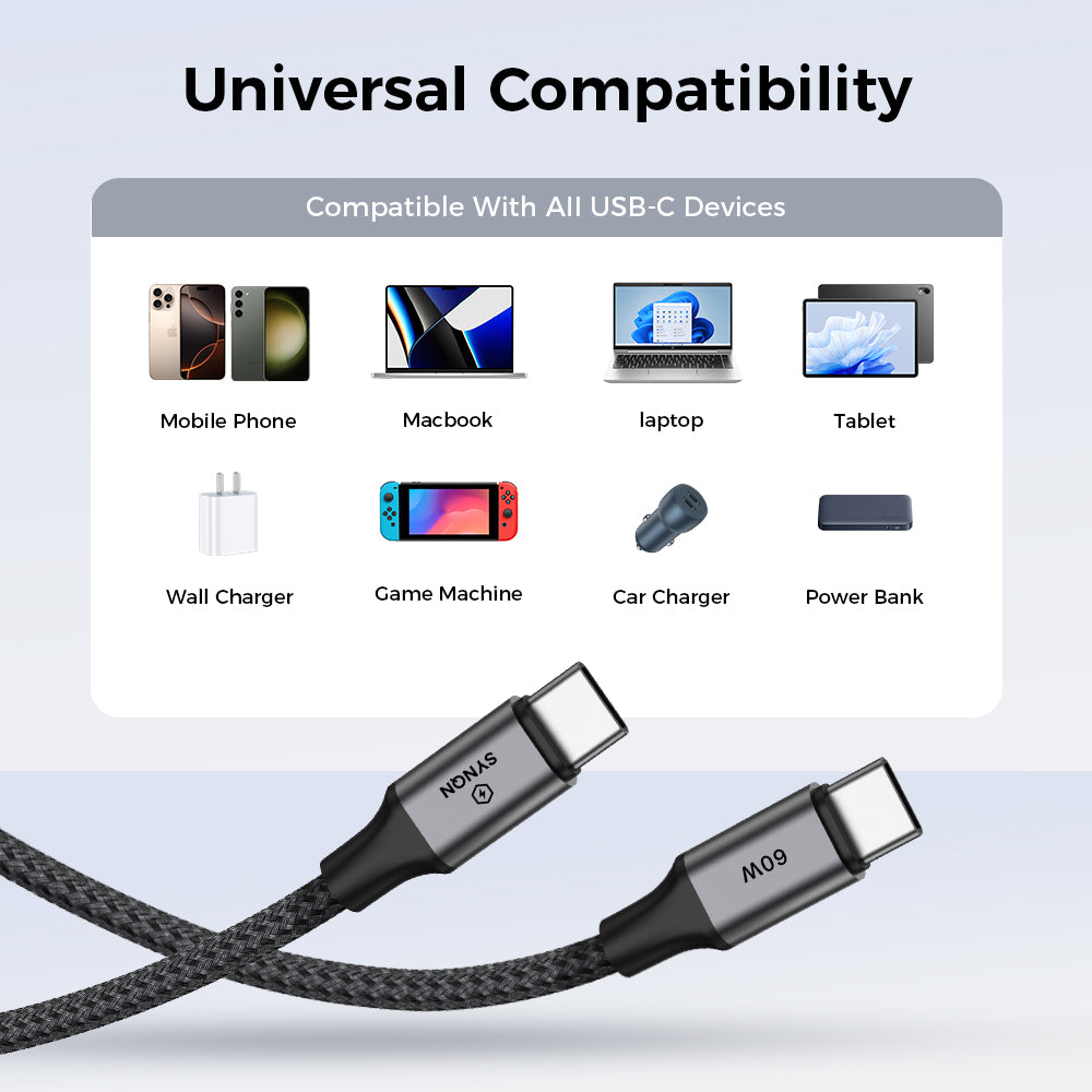 SYNQN USB-C Braided Cable — 60W Charge | USB2.0 | 1M | Space Gray