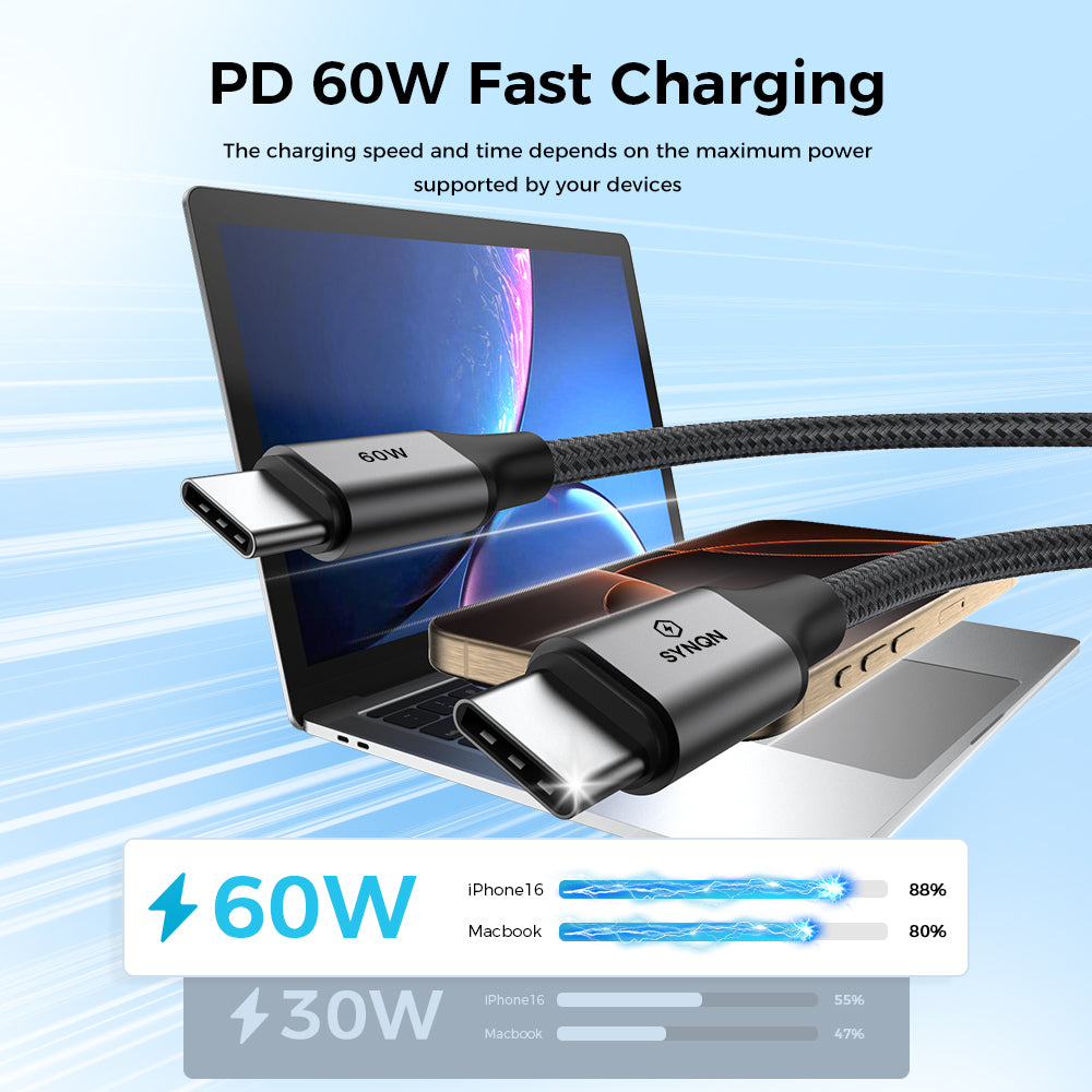 SYNQN USB-C Braided Cable — 60W Charge | USB2.0 | 1M | Space Gray