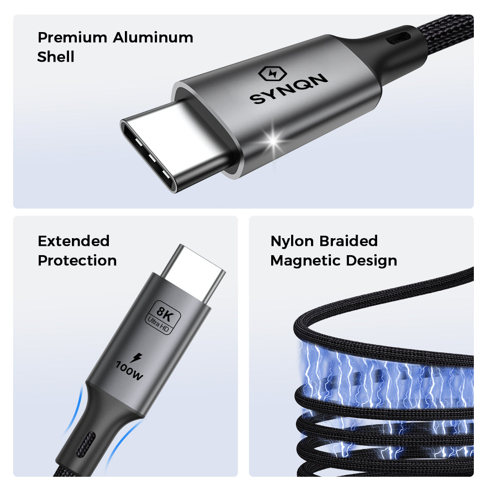 SYNQN Magnetic USB-C Cable — 100W Fast Charge | USB4.0 | 1M