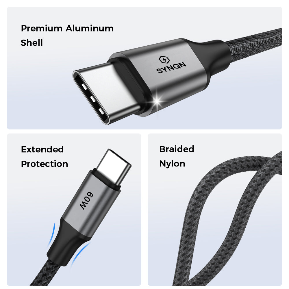 SYNQN USB-C Braided Cable — 60W Charge | USB2.0 | 1M | Space Gray