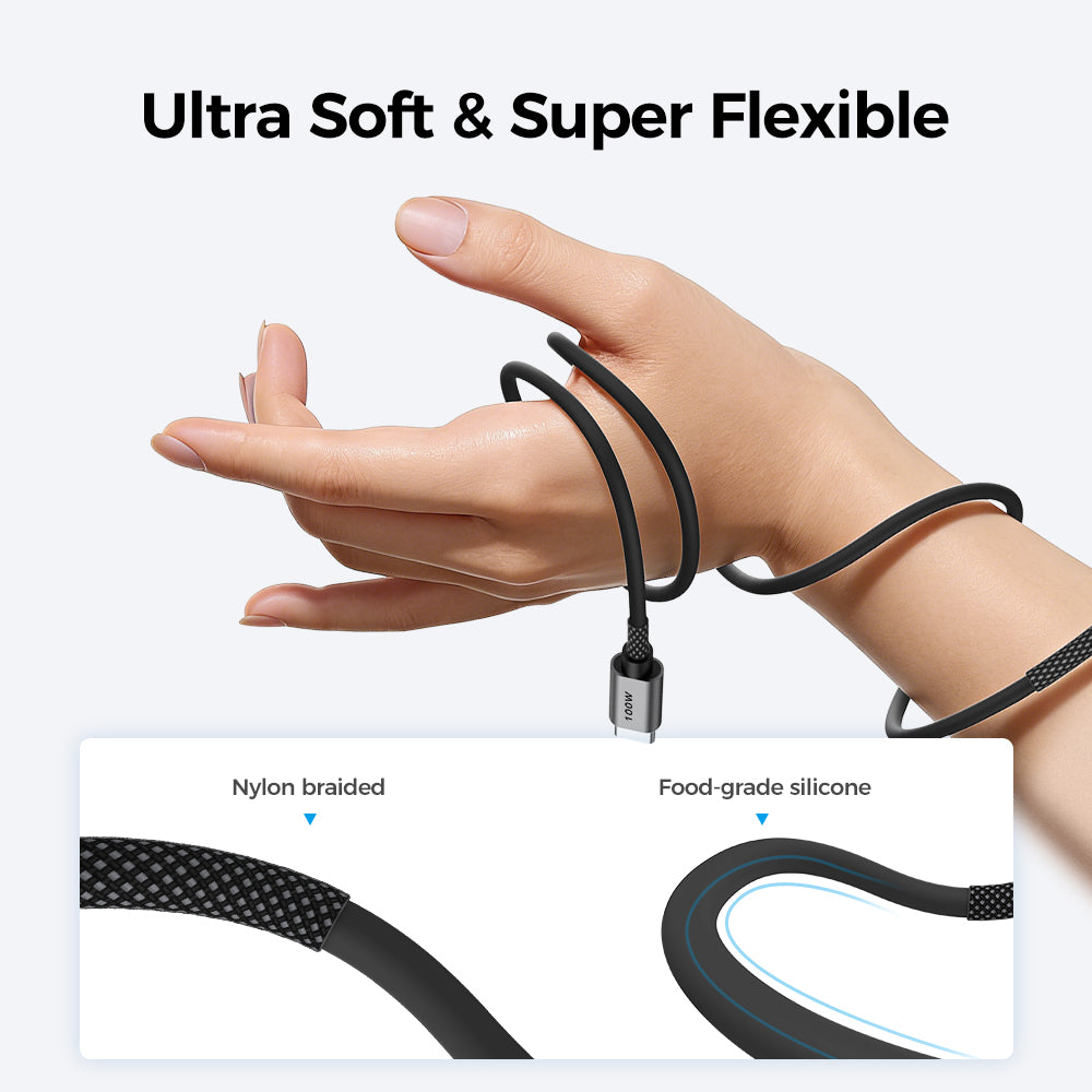 SYNQN USB-C Silicone-Braided Cable — 100W Charge | USB2.0 | 1M | Space Gray