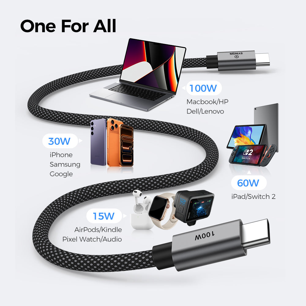 SYNQN USB-C Silicone-Braided Cable — 100W Charge | USB2.0 | 1M | Space Gray
